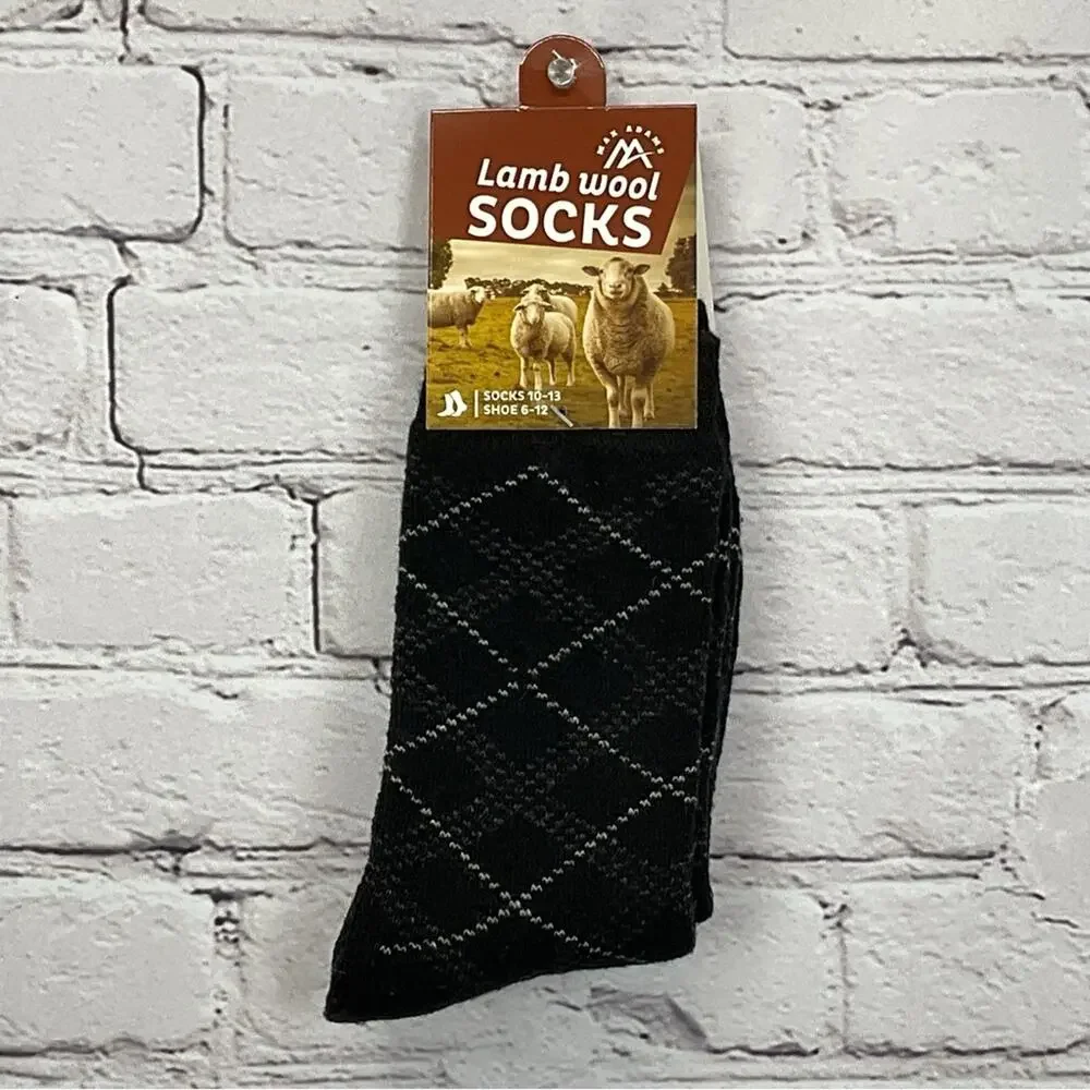 Max Adams Lamb Wool Socks Mens Size 10-13 Black/Gray Diamond 2 Pair Casual Comfy